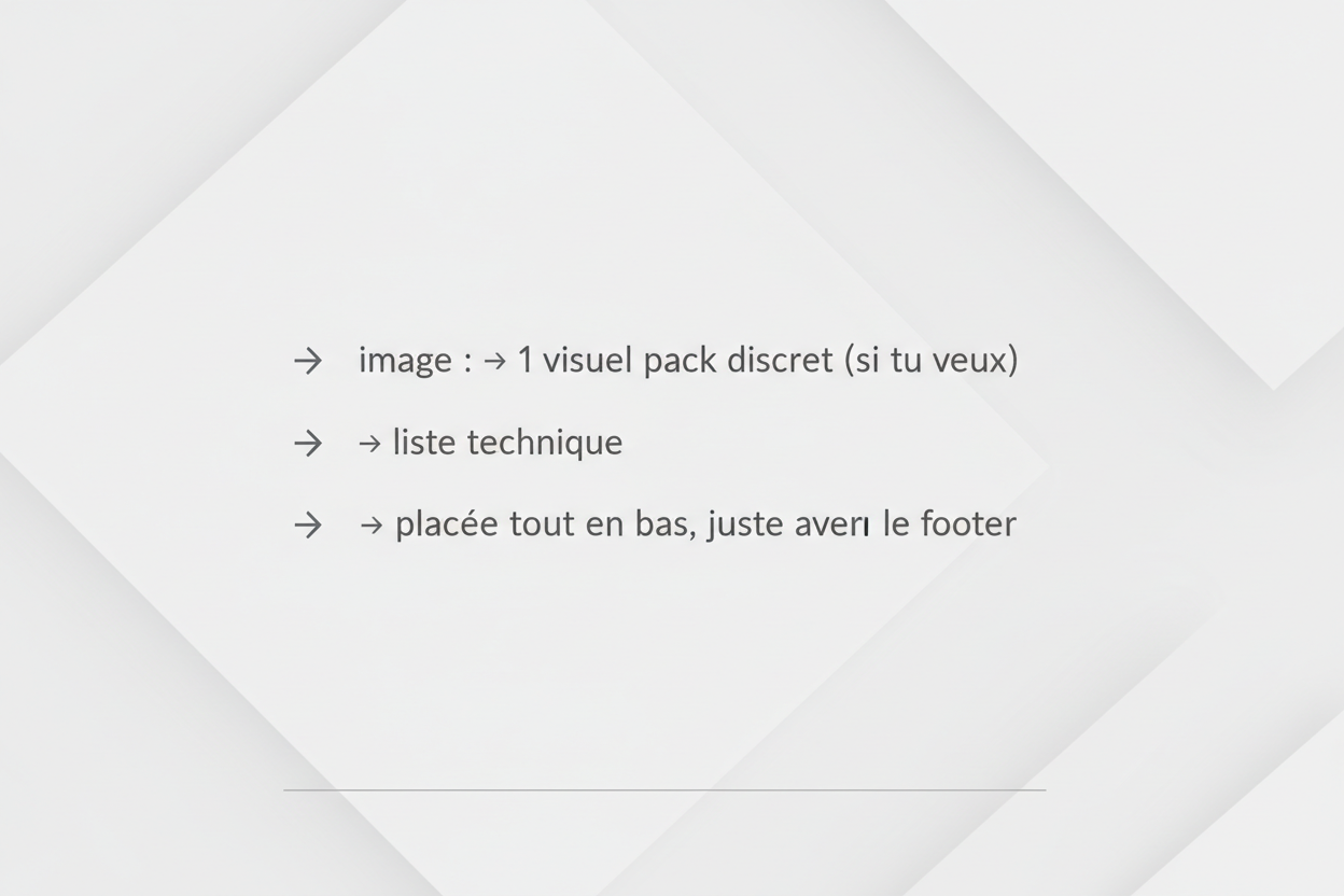 genere une image ou il y a marqué " image : → 1 visuel pack discret (si tu veux)
→ liste technique
→ placée tout en bas, juste avant le footer " ca stp 