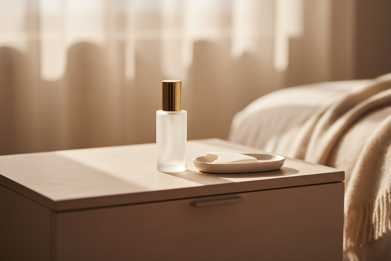 Tu dois utiliser une image ambiance premium :

table de nuit beige ou blanche

lumière chaude douce

un élément du rituel posé (ex : flacon, accessoire)

profondeur de champ légère

zéro texte

zéro visage

zéro élément marketing